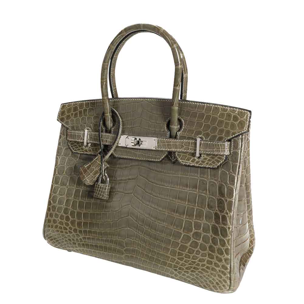 

Hermes Gris Tourterelle Shiny Niloticus Crocodile Leather Palladium Hardware Birkin 30 Bag, Brown