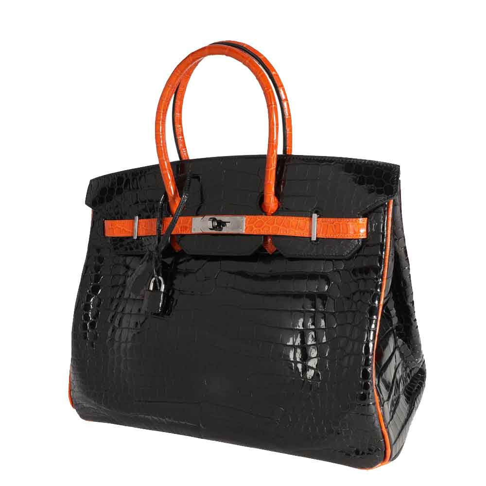 

Hermes Black/ Orange Limited Edition Shiny Porosus Crocodile Leather Palladium Birkin 35 Bag