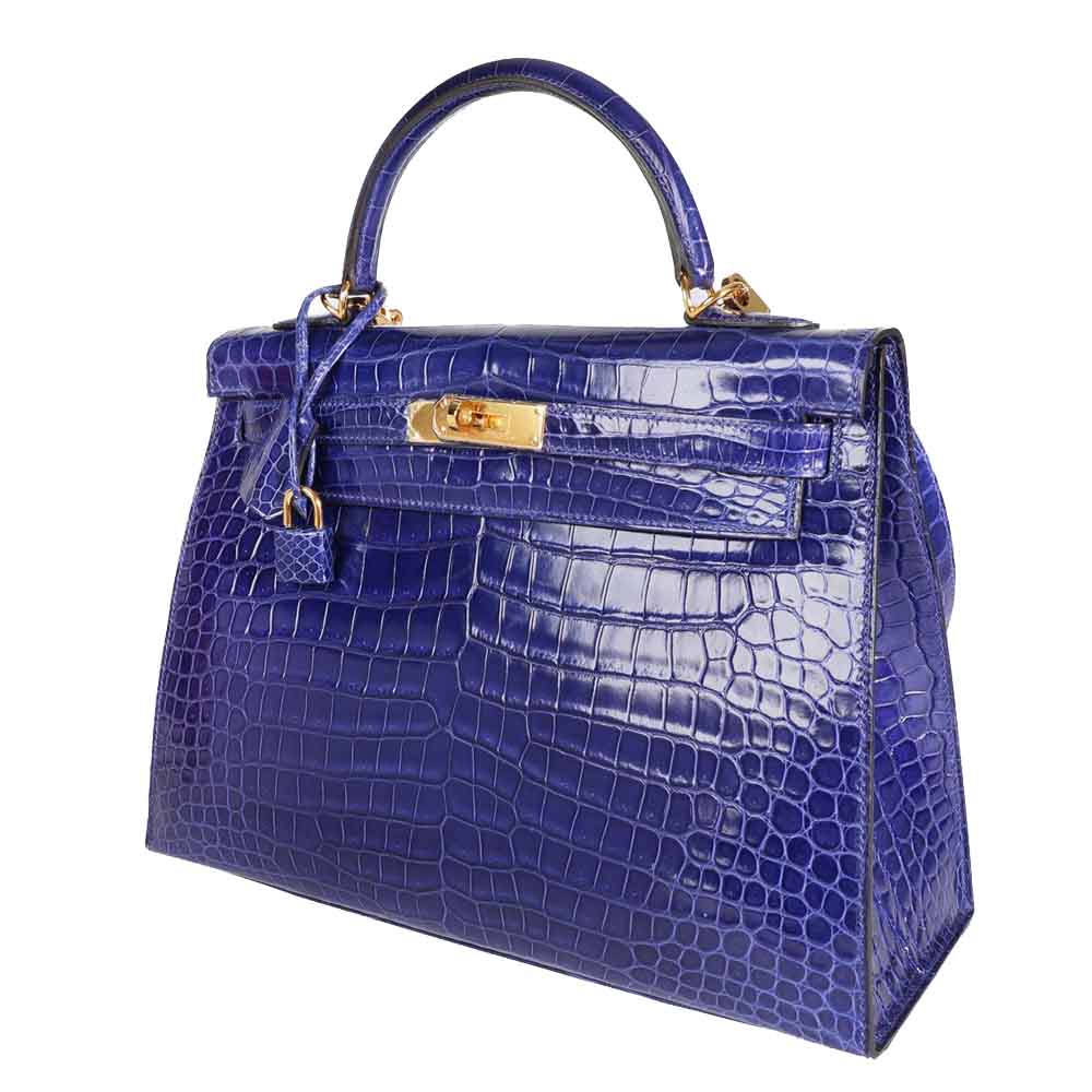 

Hermes Electric Blue Shiny Porosus Crocodile Leather Gold Hardware Sellier Kelly 32 Bag