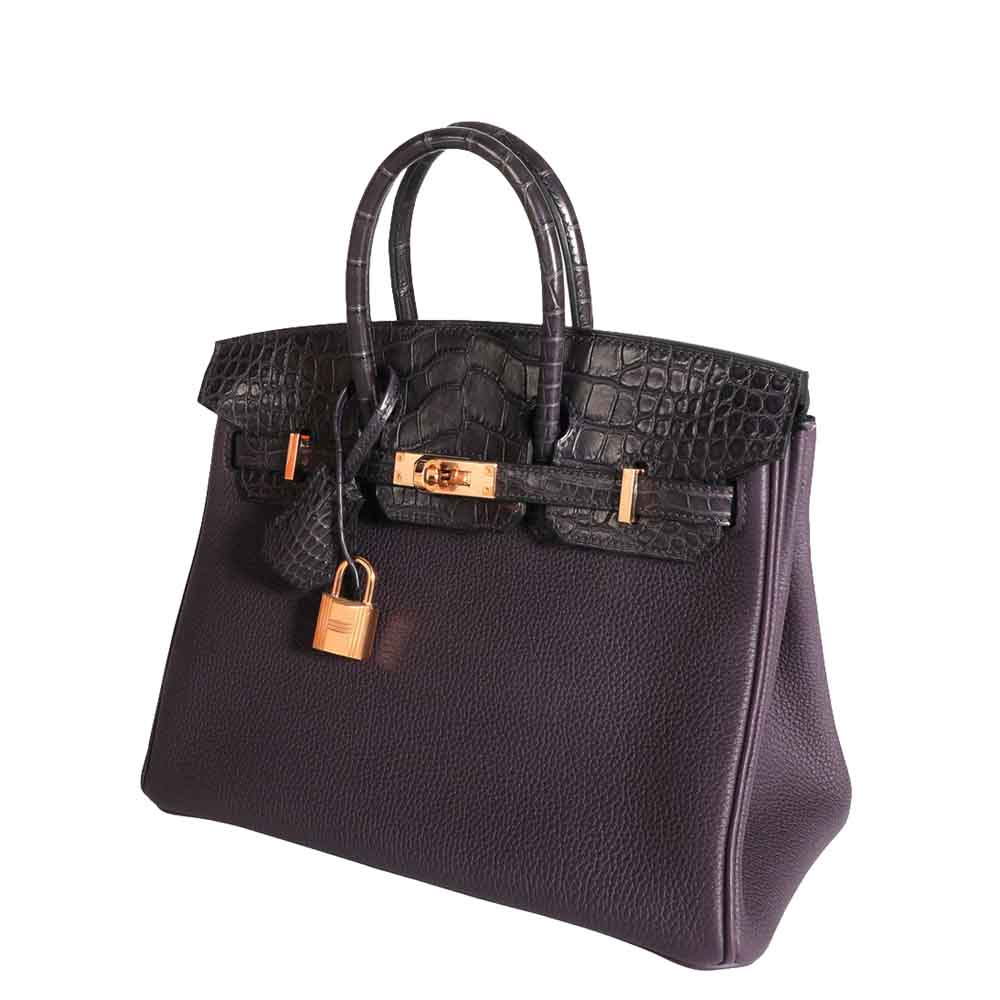 

Hermes Raisin Togo & Prunoir Matte Alligator Leather Gold Hardware Birkin 25 Bag, Multicolor