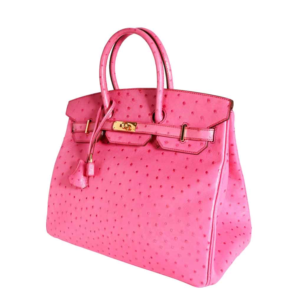 

Hermes Fuchsia Pink Ostrich Leather Gold Hardware Birkin 35 Bag