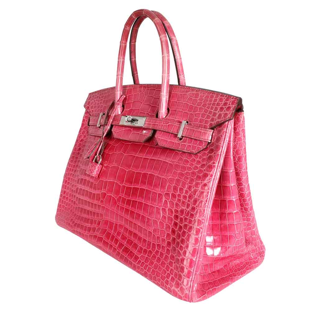 

Hermes Rose Scheherazade Shiny Porosus Crocodile Leather Palladium Hardware Birkin 35 Bag, Pink