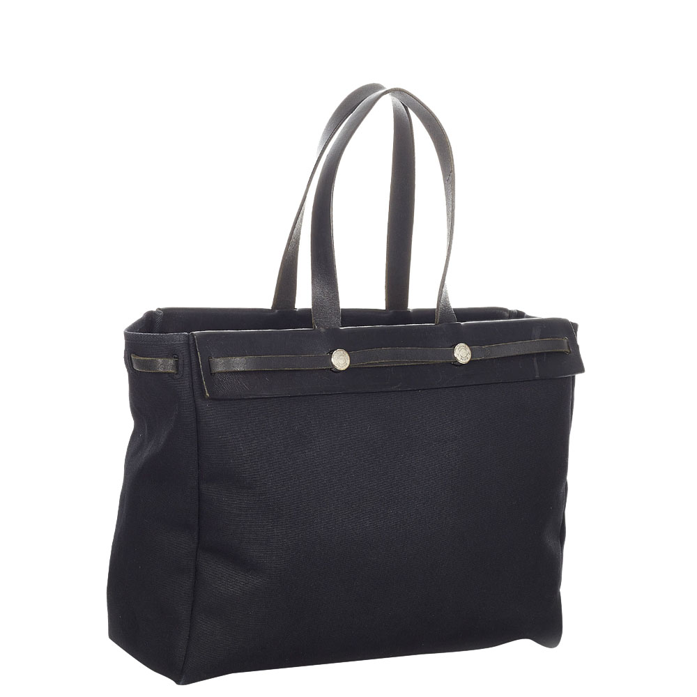 

Hermes Black Fabric Leather Herbag Cabas GM Tote Bag