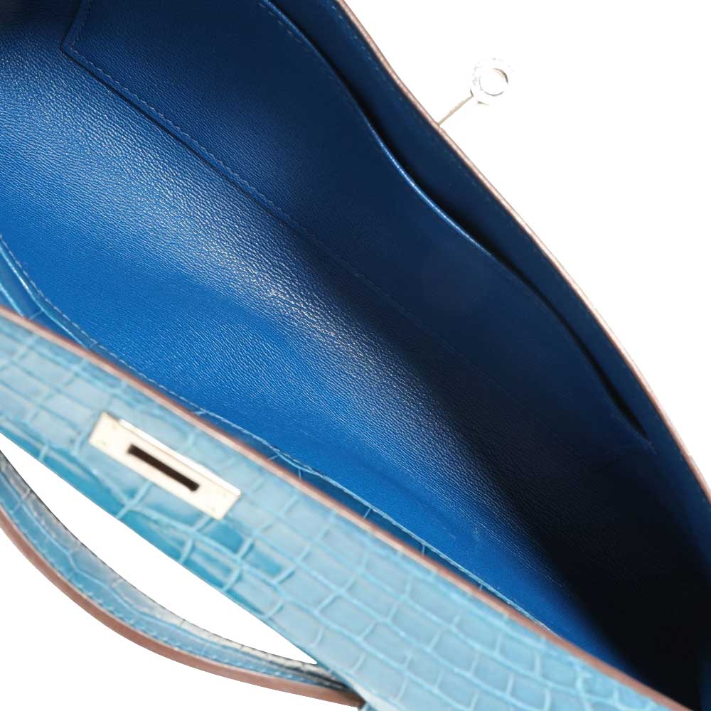 

Hermes Blue Brighton Shiny Porosus Crocodile Leather Palladium Hardware Kelly Cut Bag