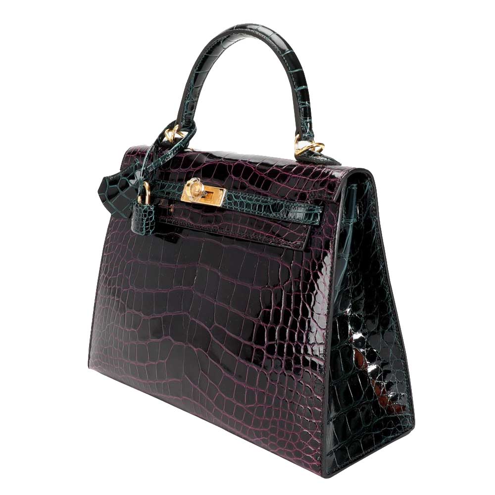 

Hermes Amethyste Vert Cypress Shiny Alligator Leather Gold Hardware Kelly 25 HSS Bag, Purple