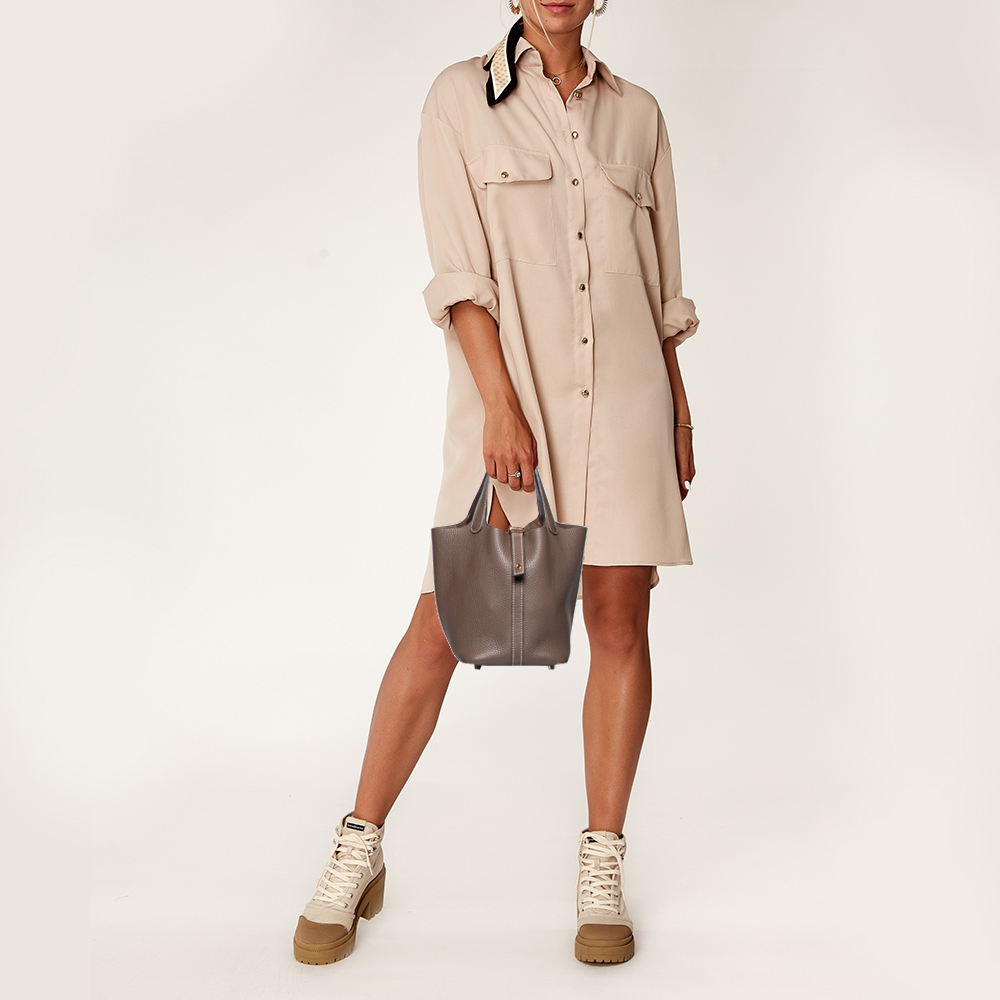 

Hermes Etoupe Clemence Leather Picotin Lock 18 Bag, Brown
