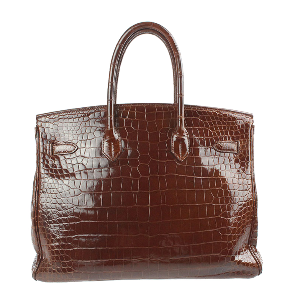 

Hermes Brown Porosus Crocodile Leather Gold Plated Hardware Birkin 35 Bag