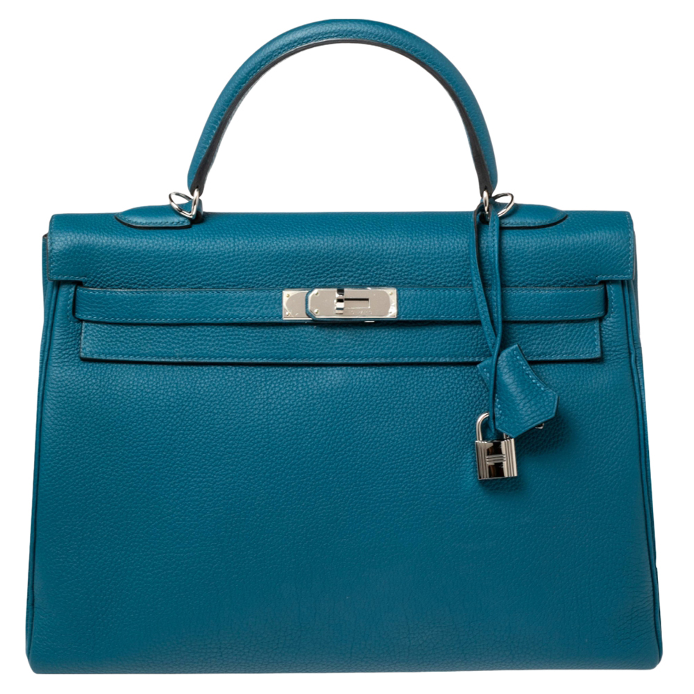 Click to view more detailed imagery on our partner's website Pre-owned Hermes Cobalt Togo Leather Palladium Plated Kelly Retourne 35 Bag In Blue