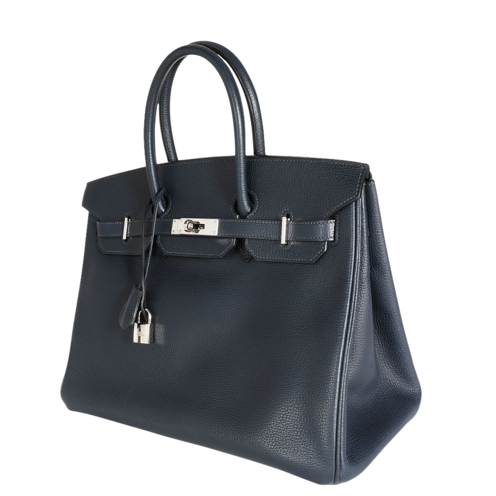 

Hermes Blue Leather Palladium Hardware Birkin 35 Bag