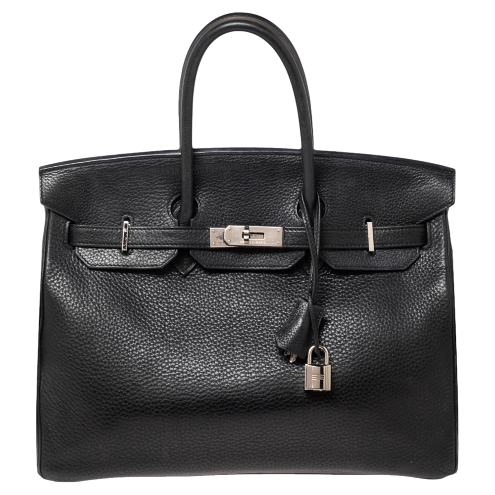 Hermes Noir Taurillon Clemence Leather Palladium Plated Birkin 35 Bag