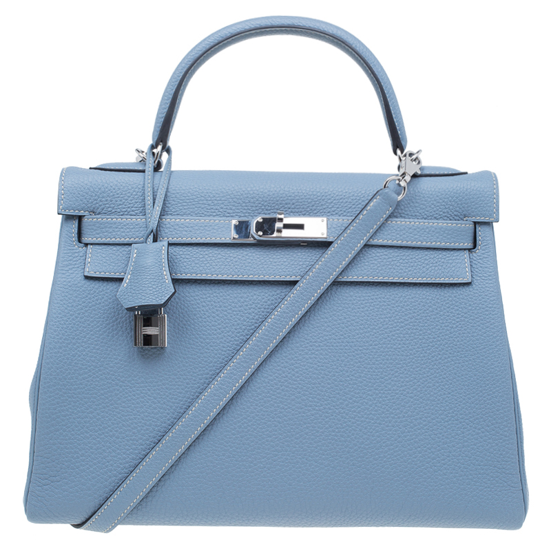 Pre Owned Hermes Blue Lin Togo Palladium Hardware Kelly Retourne 32 Bag