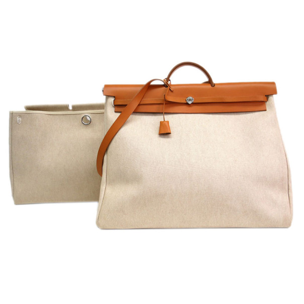 Hermes Tan Leather and Beige Toile Canvas Large Herbag