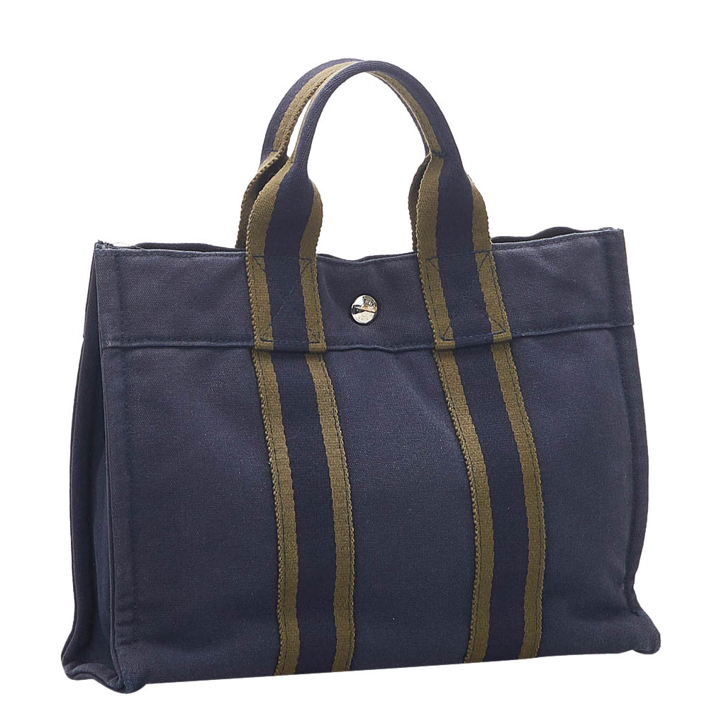 

Hermes Blue Canvas Fabric Fourre Tout PM Tote Bag, Brown