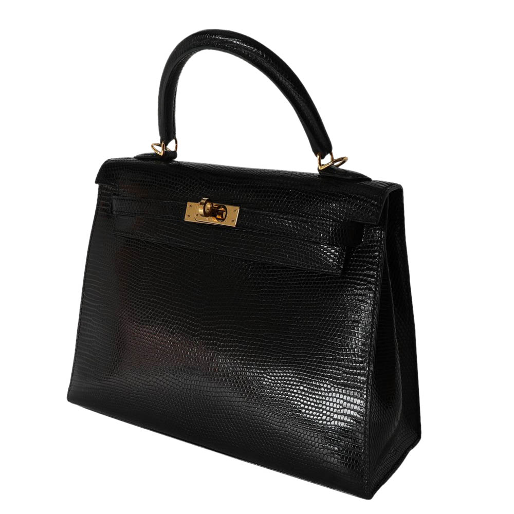 

Hermes Black Shiny Lizard Leather Gold Hardware Kelly Sellier 25 Bag