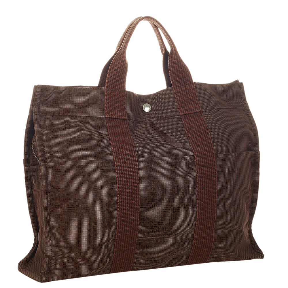 

Hermes Brown Canvas Fabric Herline MM Tote Bag