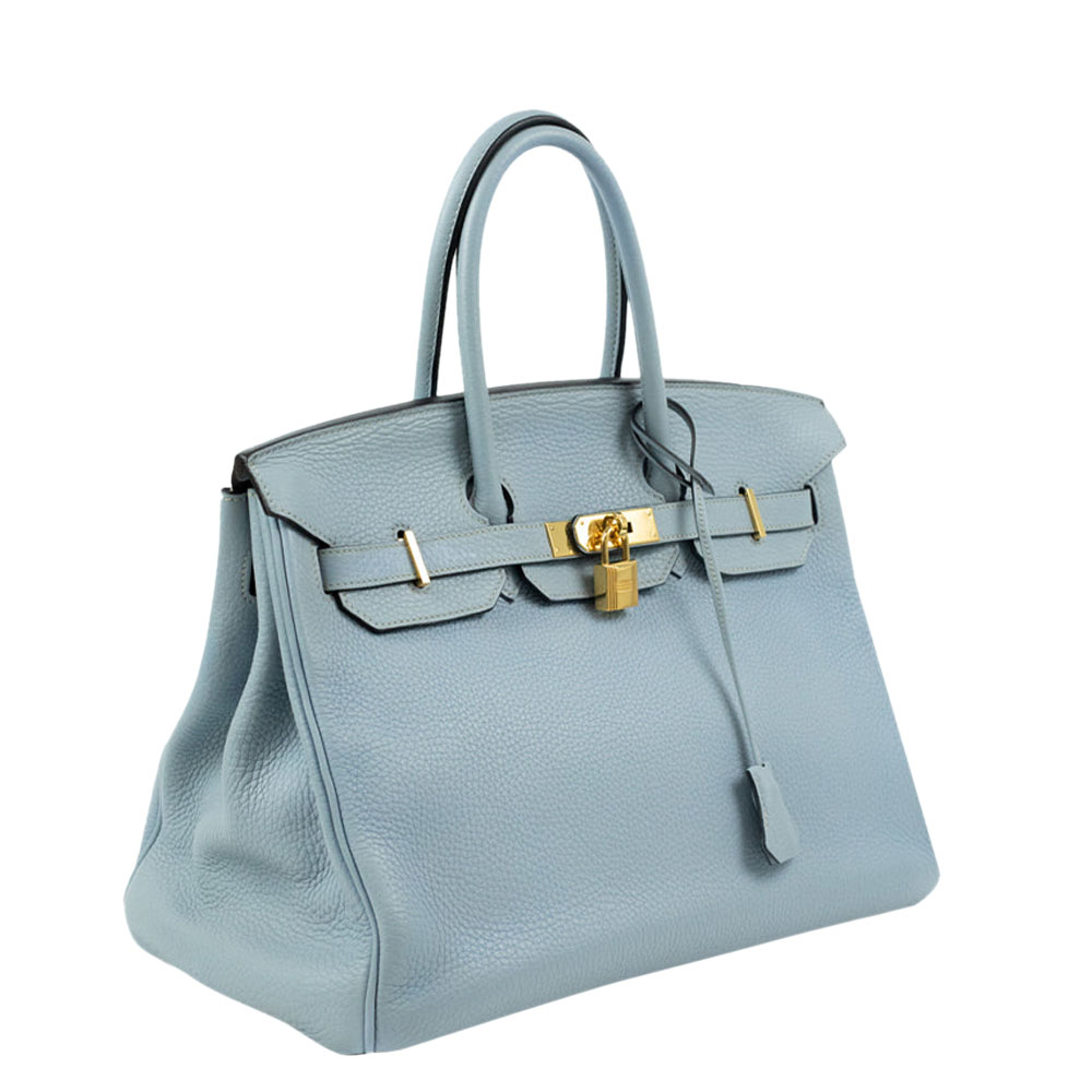 

Hermes Blue Clemence Leather Gold Hardware Birkin 35 Bag