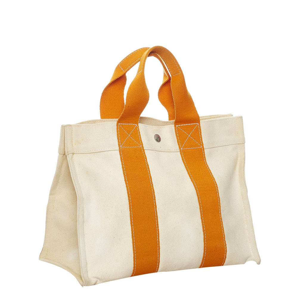 

Hermes White/Orange Canvas Fourre Tout PM Tote Bag