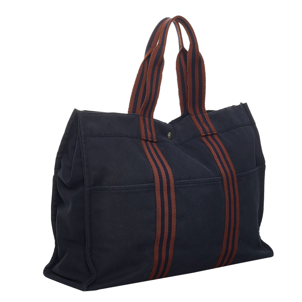 

Hermes Blue Canvas Fabric Fourre Tout MM Tote Bag, Brown