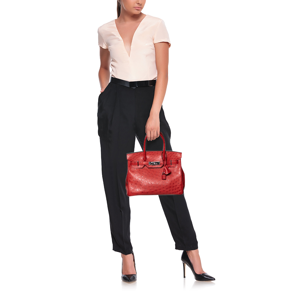 Hermès Rouge Vif Ostrich Palladium Plated Birkin 30 Bag, Hermes, Red  - buy with discount