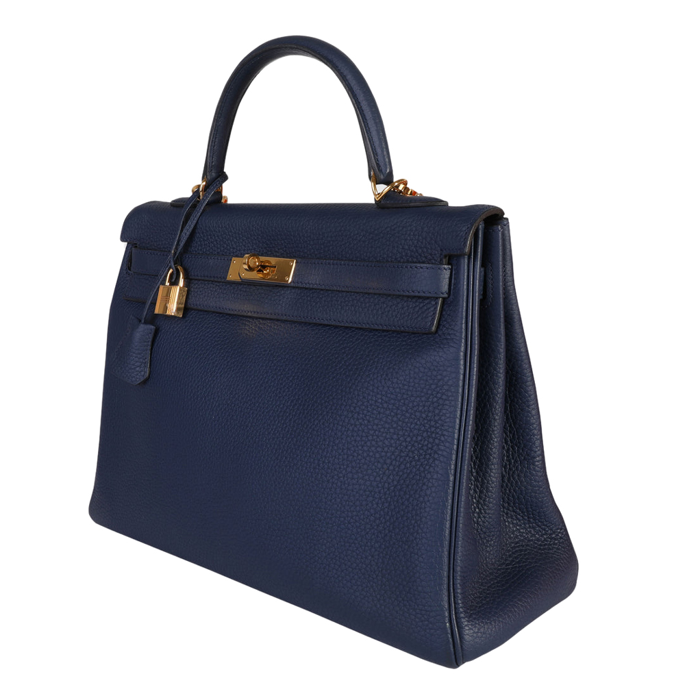 

Hermes Blue Clemence Leather Gold Hardware Kelly Retourne 35 Bag