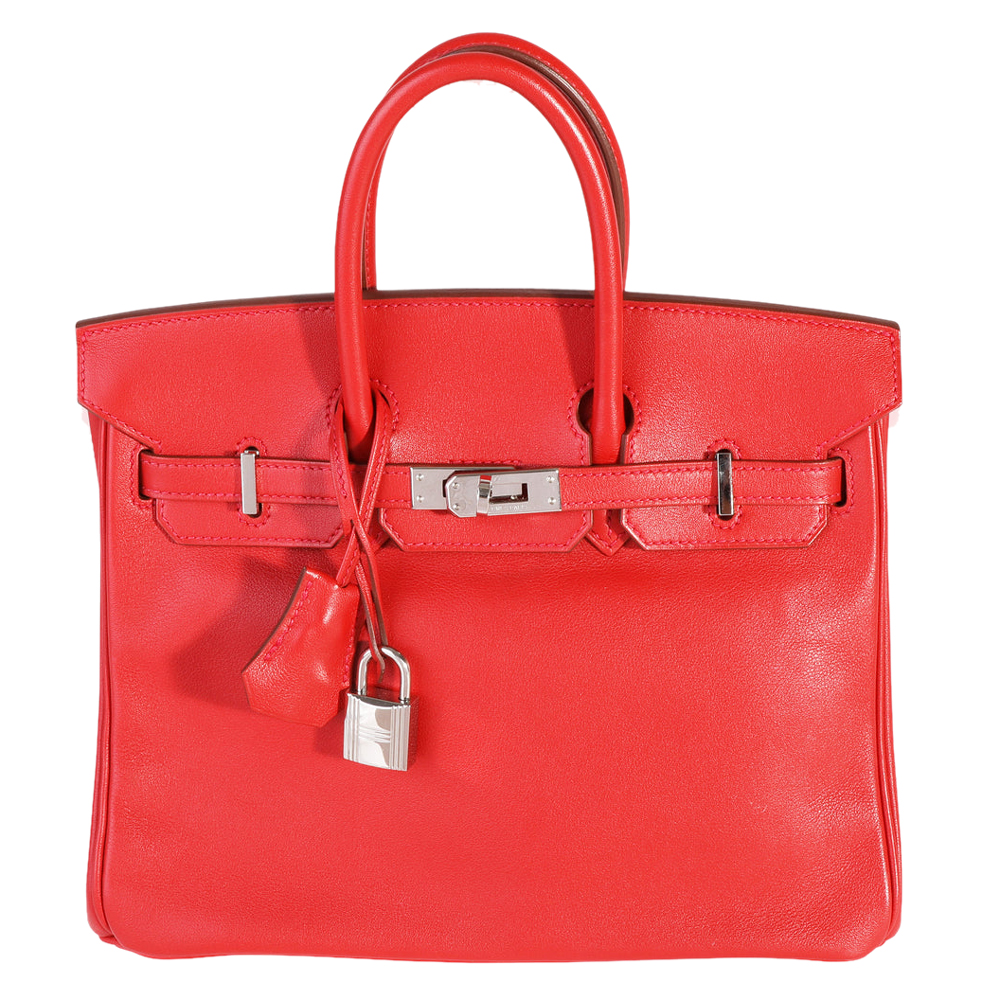 Preowned Hermes Red Swift Leather Palladium Hardware Birkin 25 Bag
