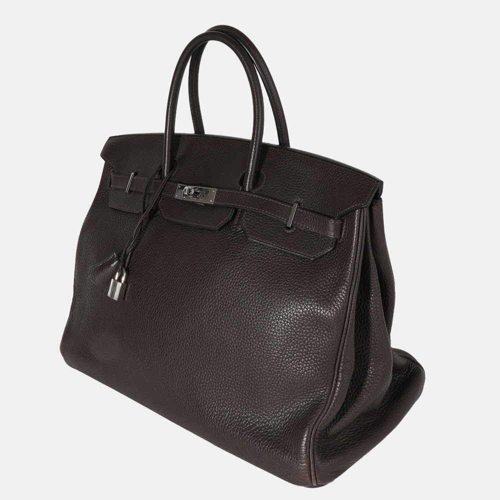 

Hermes Chocolate Clemence Leather Birkin 40 PHW Bag, Black