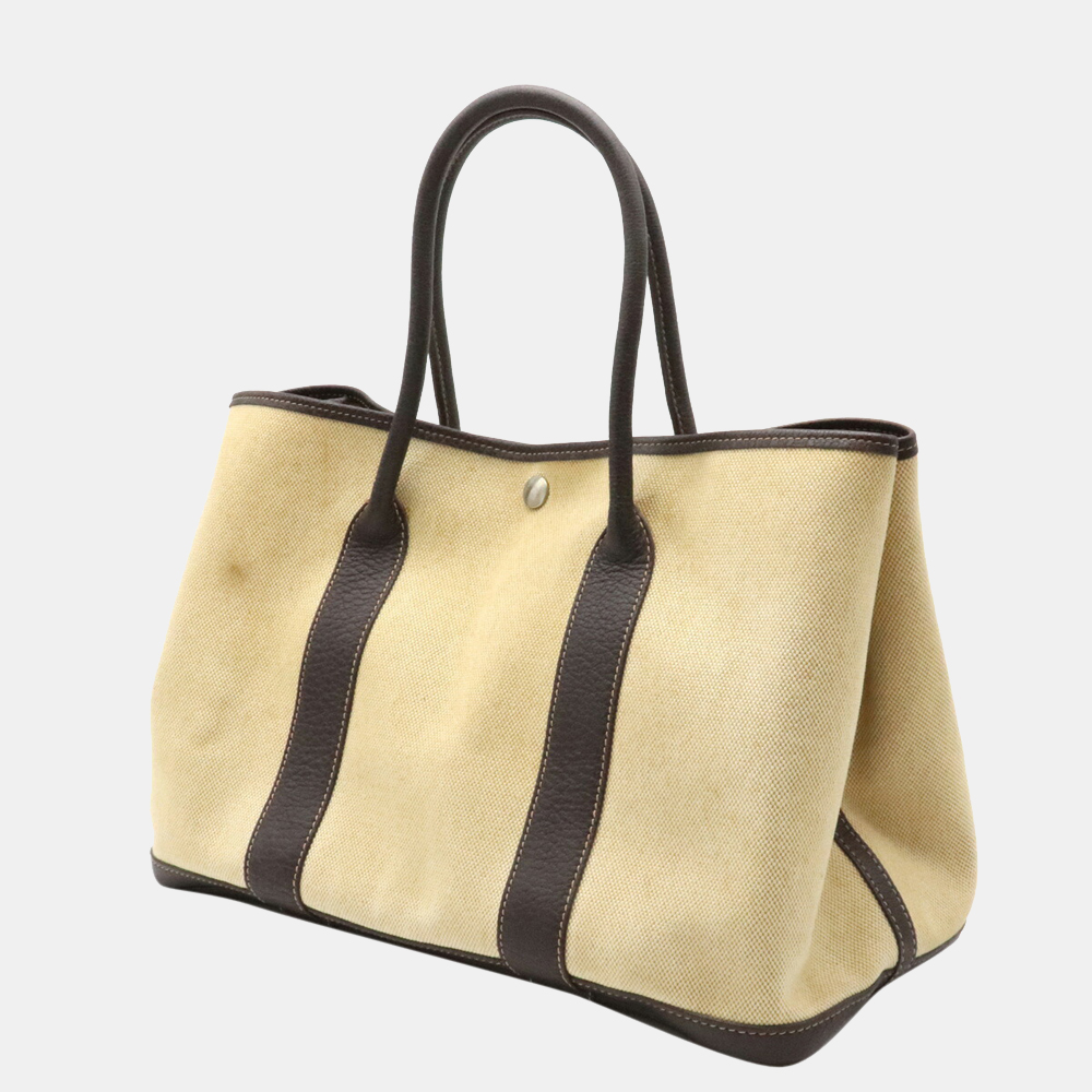 

Hermes Garden PM Tote Bag Handbag Toile Ash Buffle Leather Khaki Beige Dark Brown