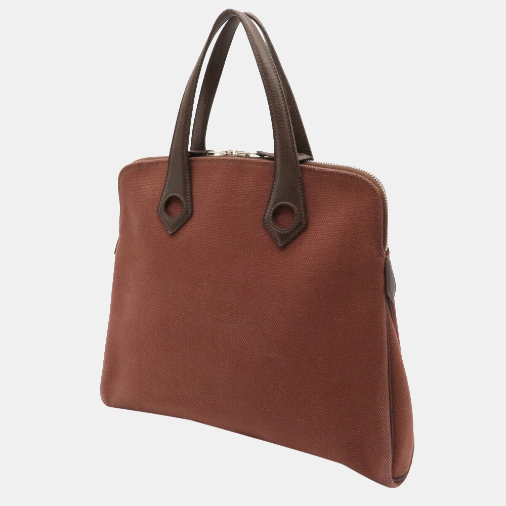 

Hermes Sack Ibu PM Tote Bag Handbag Toile Ash Canvas Leather Engine Brown Dark
