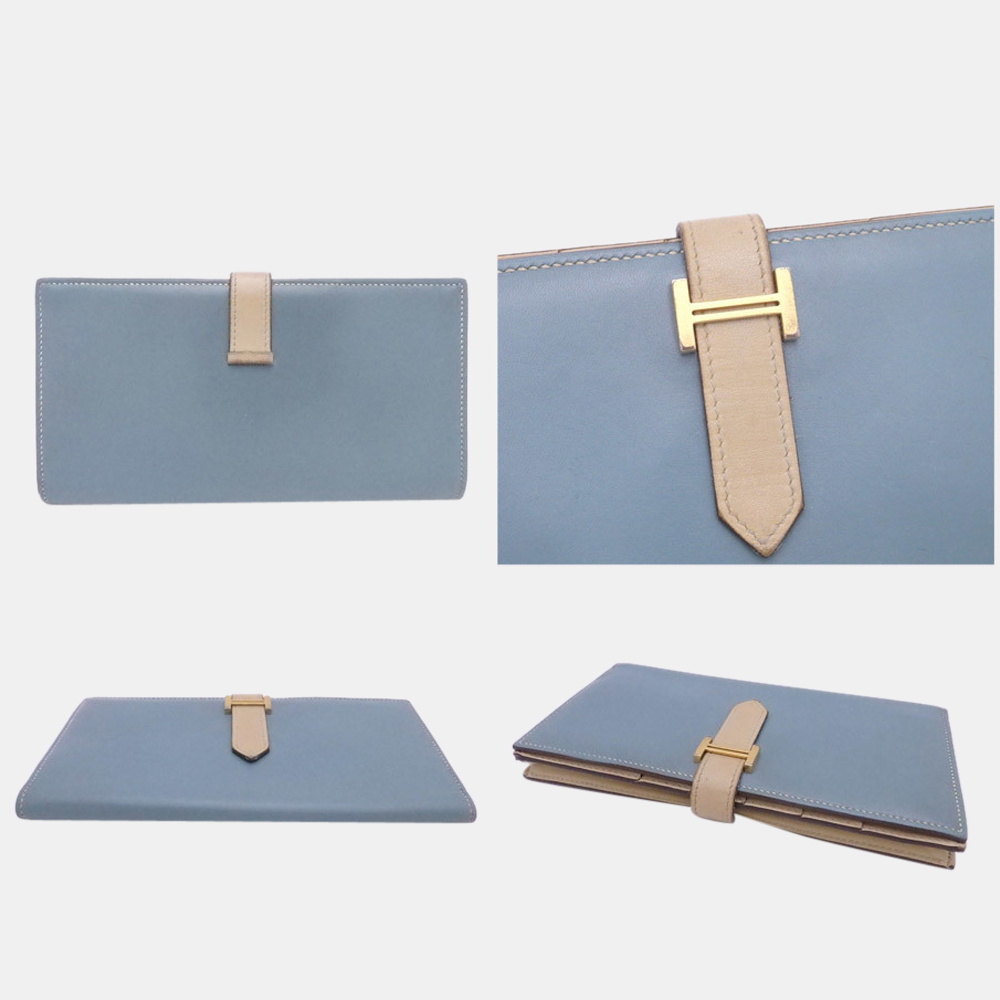 

Hermes Bi-Fold Wallet Bean Souffle Blue Beige Leather