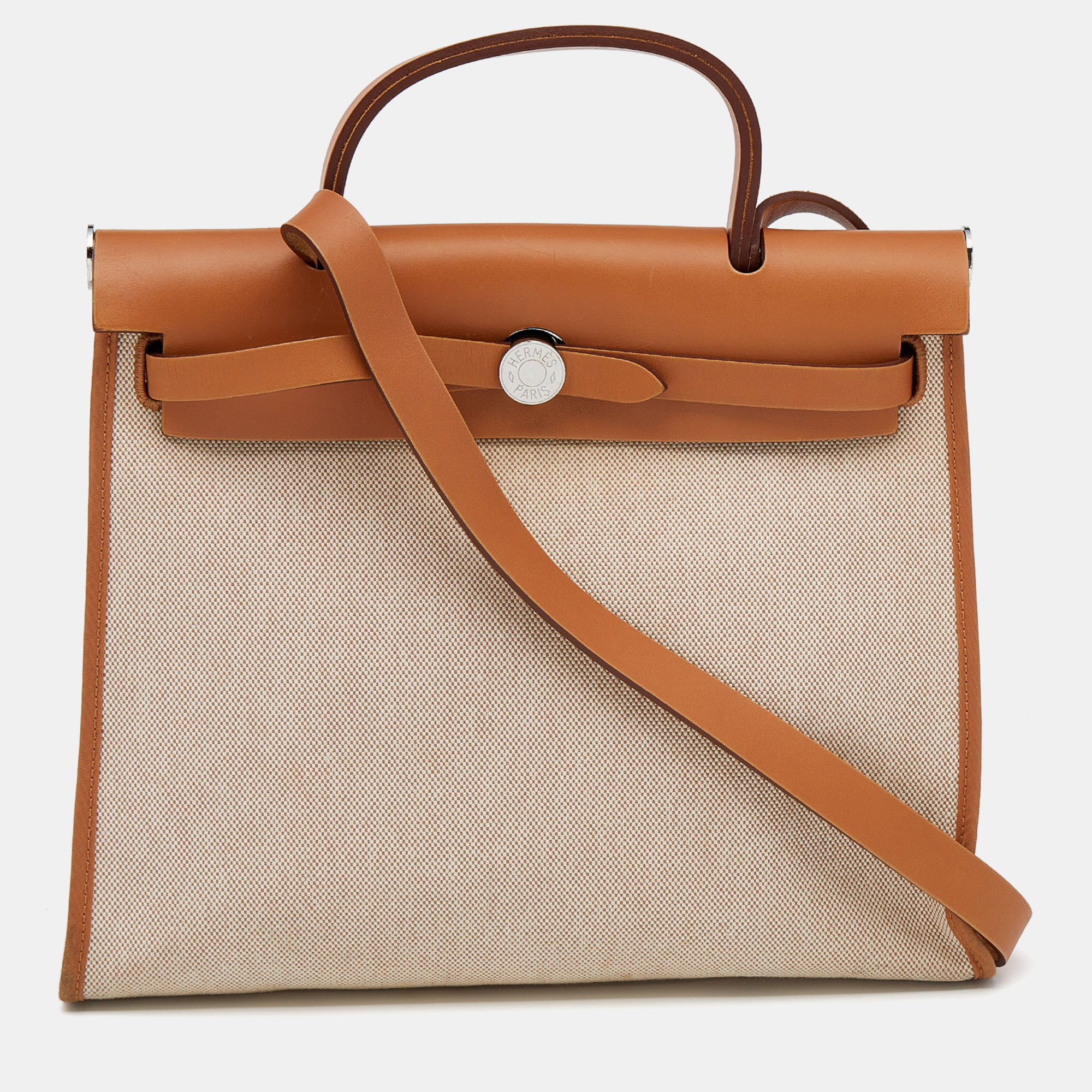 Pre Owned Hermes Naturel Vache Hunter Leather And Toile Canvas Herbag Zip 31 Bag