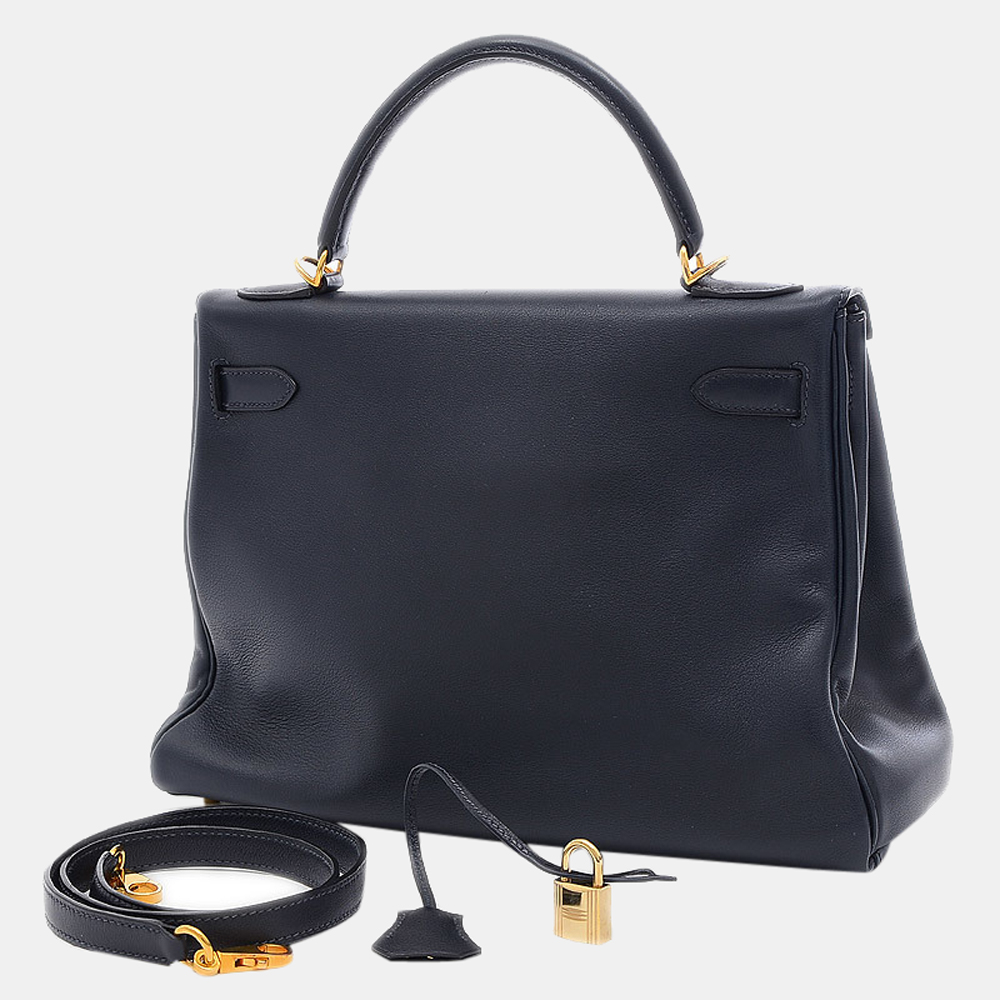 

Hermes Kelly 32 Swift Navy â¡ H engraved handbag, Navy blue