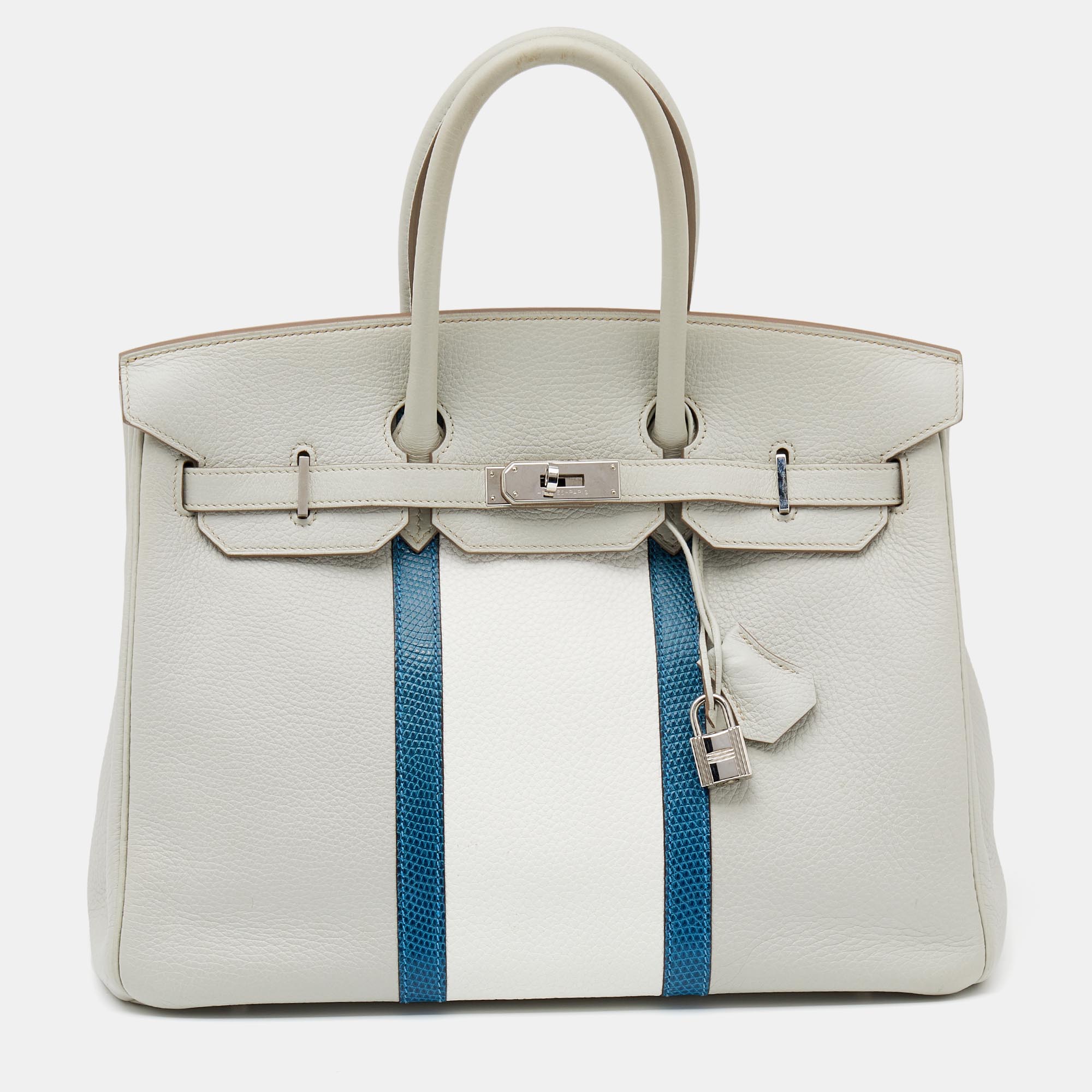 Preowned Hermes Gris Perle/blanc/mykonos Clemence And Lizard Club Birkin 35 Bag In Grey ModeSens