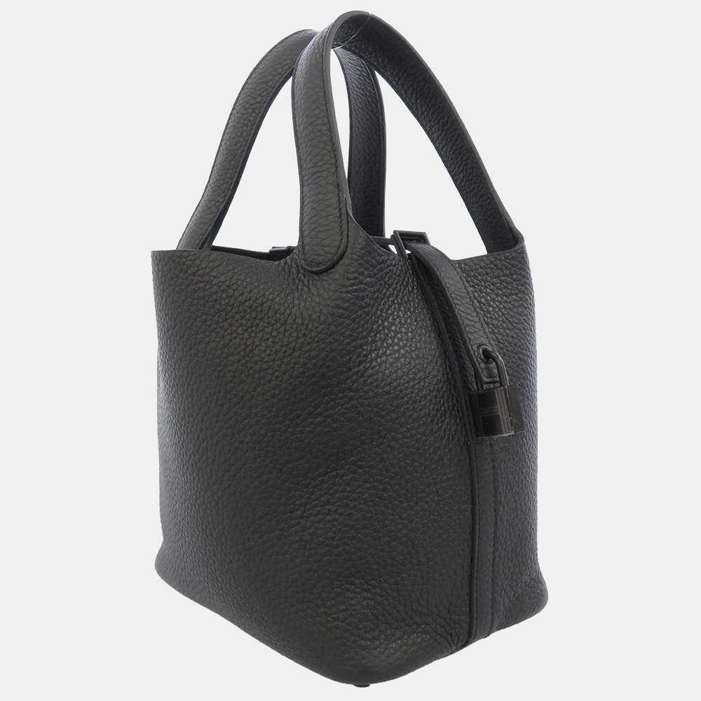 

Hermes Black Taurillon Clemence Leather Monochrome Picotin Lock 18 PM Tote Bag