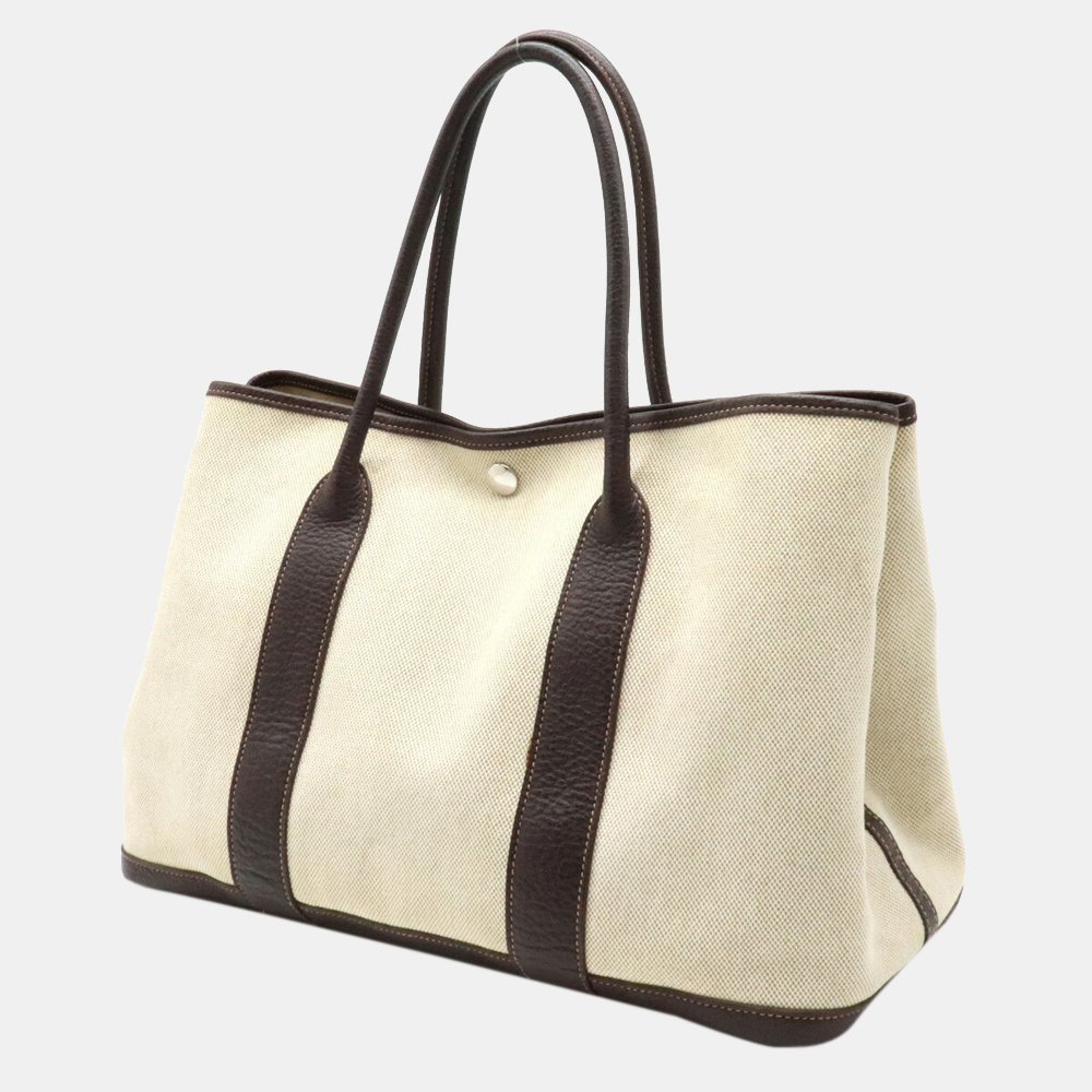 

Hermes Garden PM Tote Bag Handbag Canvas Buffle Leather Beige Dark Brown K Engraved