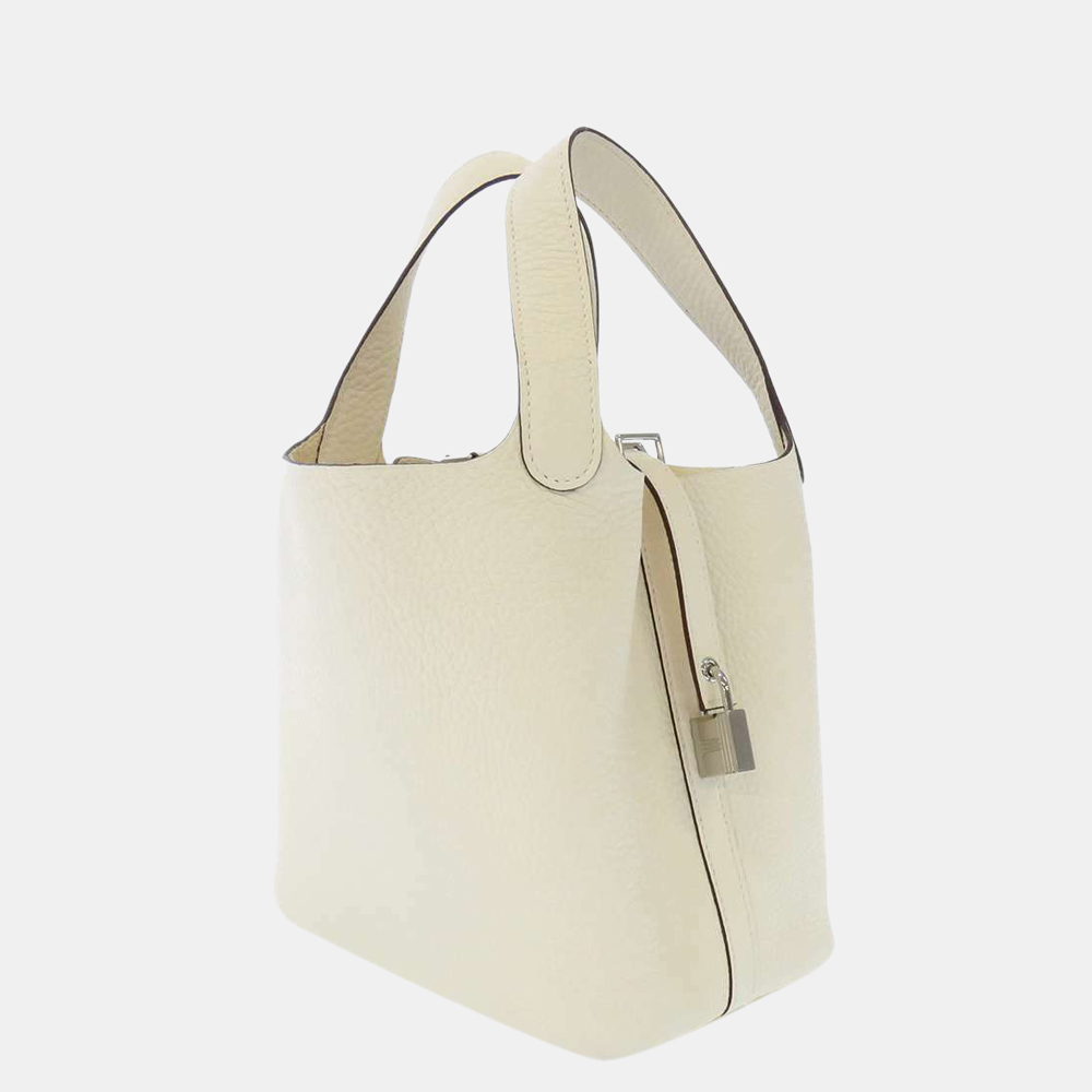 

Hermes White Taurillon Clemence Picotin Lock 18 PM Top Handle Bag