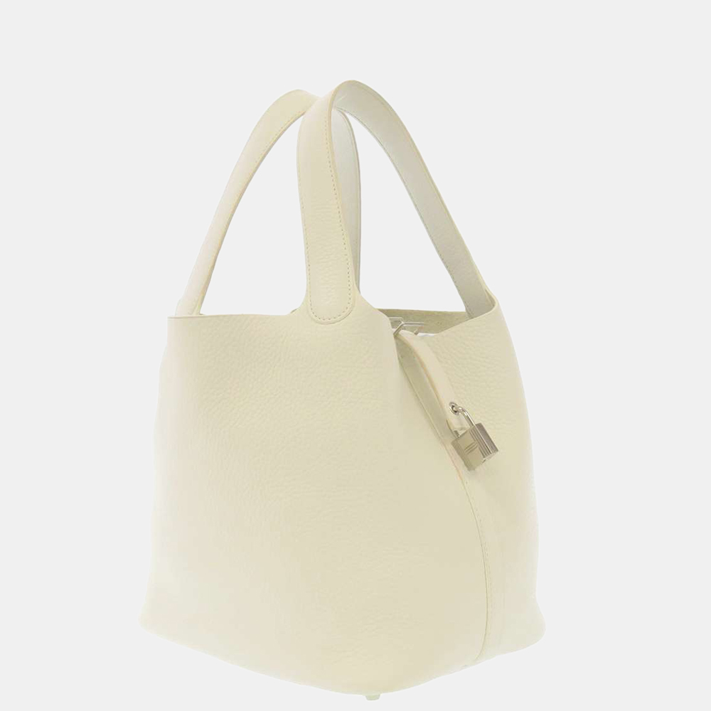 

Hermes White Taurillon Clemence Leather Picotin Lock MM Tote Bag