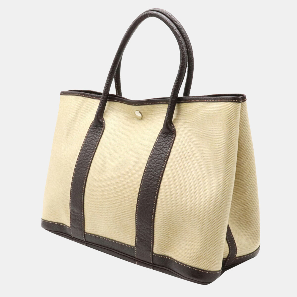 

Hermes Garden Party PM Tote Bag Handbag Twarash Negonda Leather Beige Dark Brown T Engraved