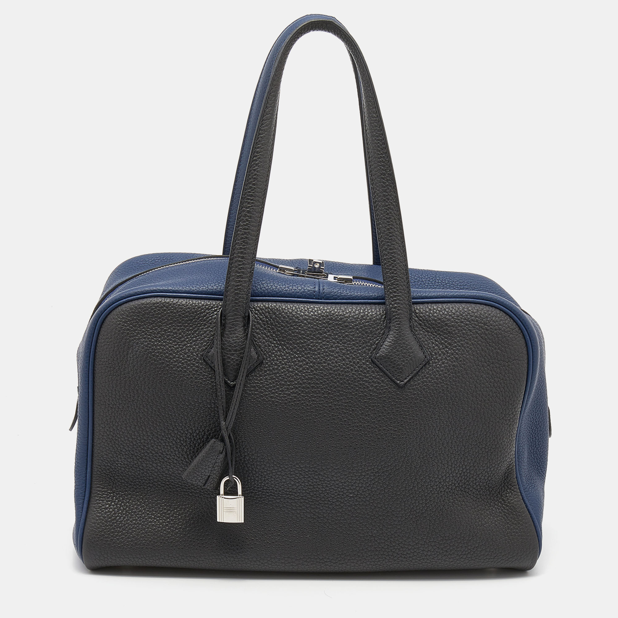 Pre Owned Hermes Blue Saphir/Gris Taurillon Clemence Leather Palladium Plated Victoria II Bag