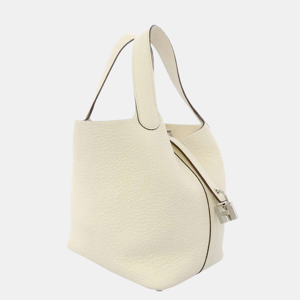 

Hermes White Taurillon Clemence Leather Picotin Lock PM Top Handle Bag