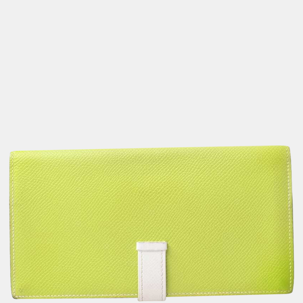 

Hermes Vaux Epsom Bearnsfre Bi-Fold Long Wallet Lime Green / White
