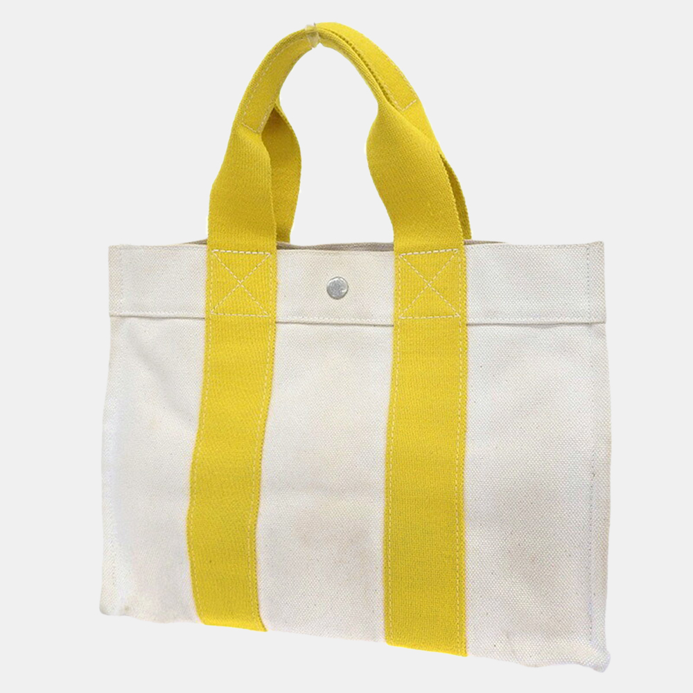 

Hermes Bag Women's Men's Tote Handbag Bora PM Canvas Yellow Ivory, White