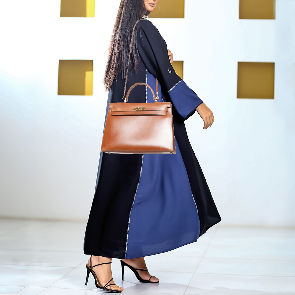 

Hermes Gold Box Leather Kelly Gold Finish Sellier 35 Bag, Brown