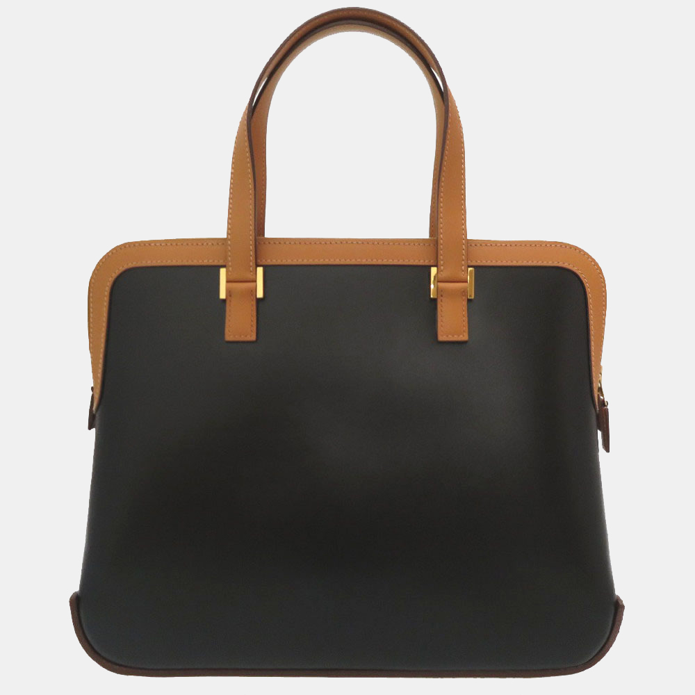 

Hermes Escapada Box Calf Vau Chamonix Black Natural Bicolor Handbag Bag Brown 0133HERMES