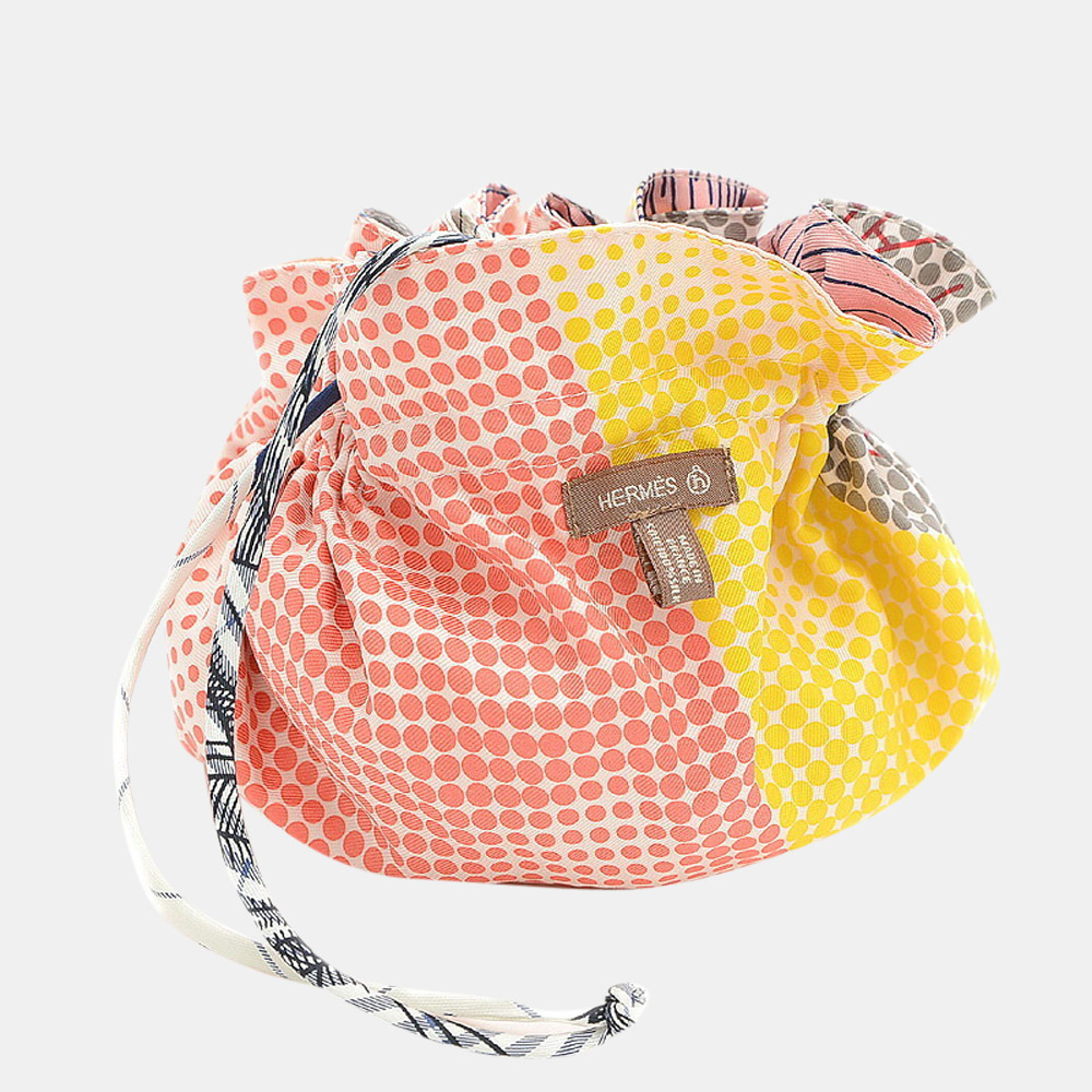 

Hermes Petit Ash Drawstring Bag Pouch Reversible Multicolor 100% Silk