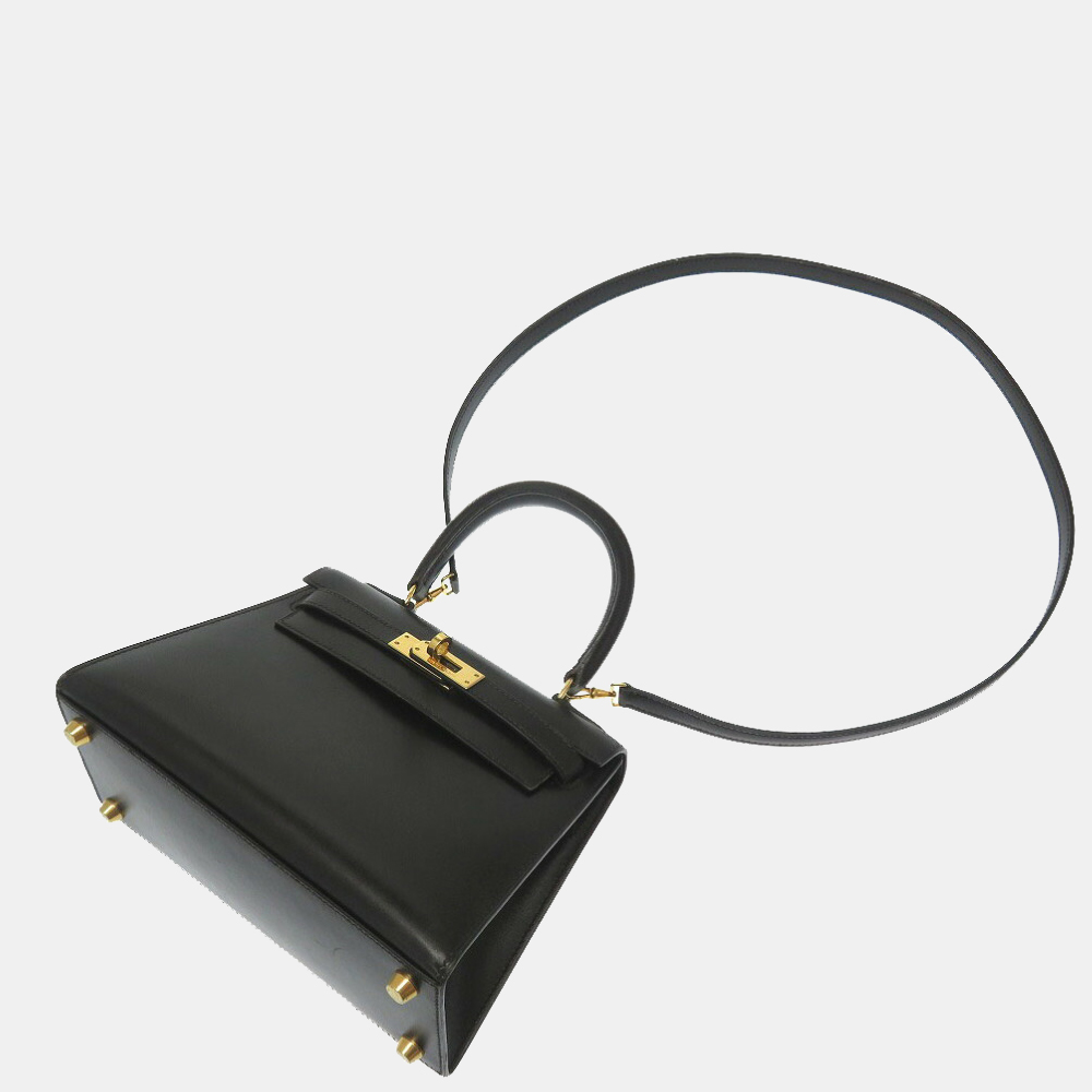 

Hermes Mini Kelly Box Calf Black F Engraved Handbag Bag with Strap