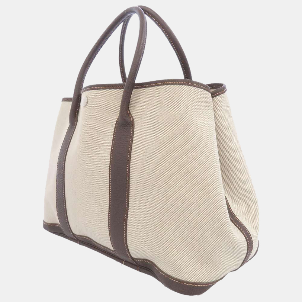 

Hermes Natural Leather Toile Garden Party PM Bag, White