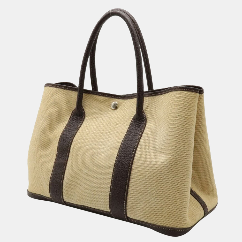 

Hermes Garden PM Tote Bag Handbag Toile Ash Buffle Leather Beige Dark Brown