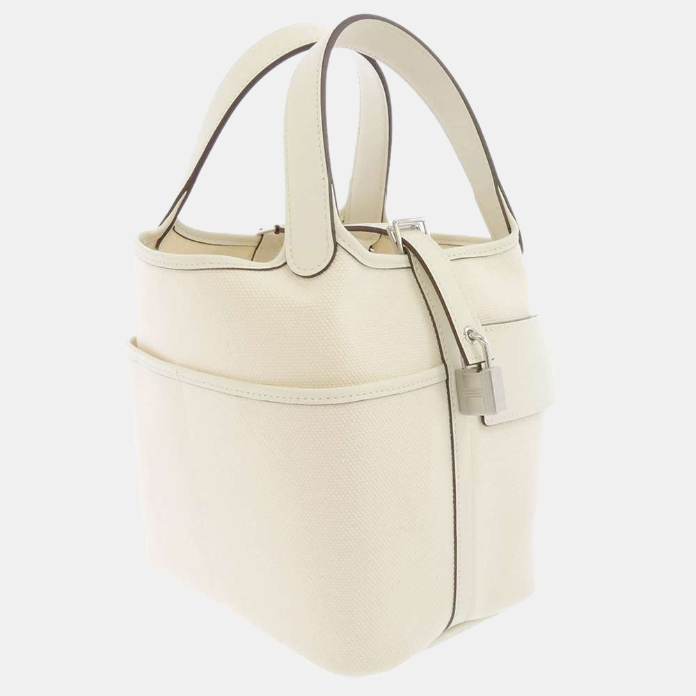 

Hermes Picotin Lock Cargo Nata Toile H Swift Leather Bag PM, White