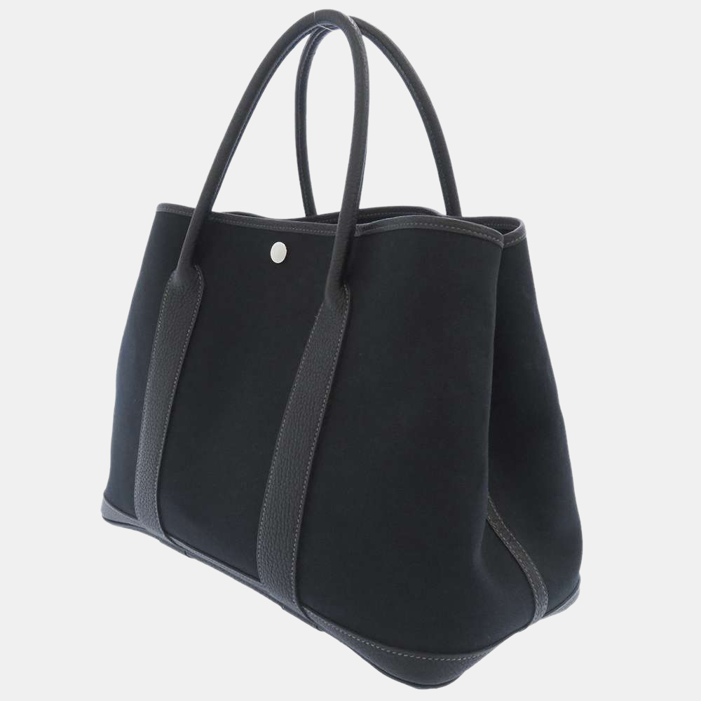 

Hermes Black Toile Leather Garden Party PM Tote Bag