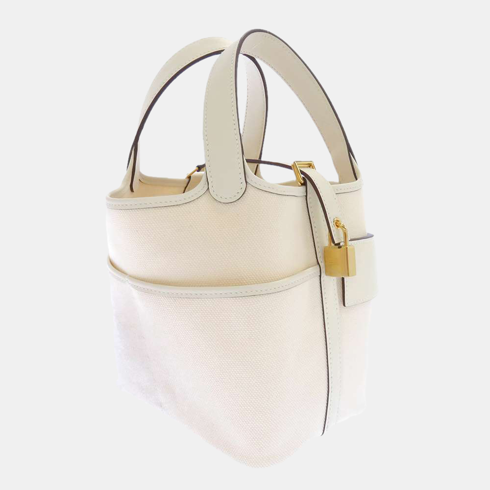 

Hermes White Toile H Swift Leather Picotin Lock PM Cargo Top Handle Bag